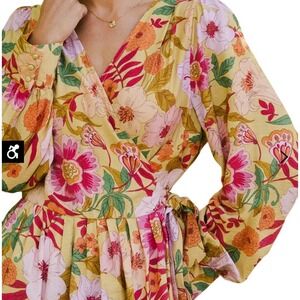 Bohme Yellow Floral Wrap Midi Dress Boho Fairy Garden Romantic Prarie Flowy NEW